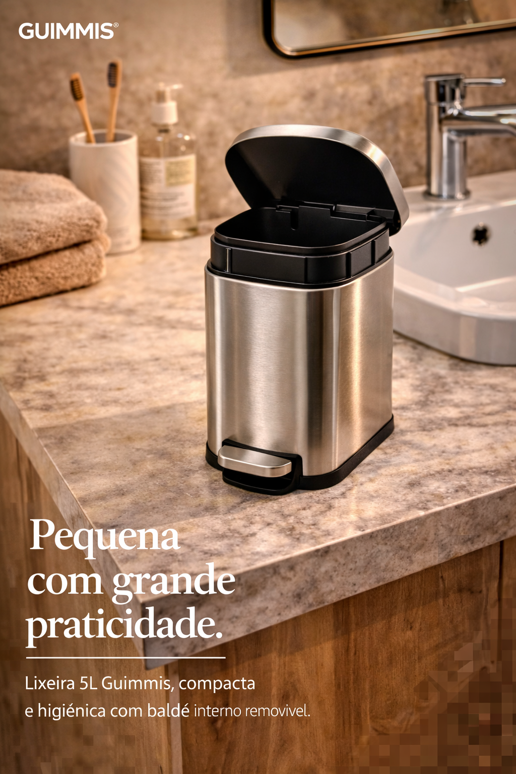 Lixeira de pedal em aço inox escovado capacidade 5 litros - Guimmis - Ambar - 20-2010