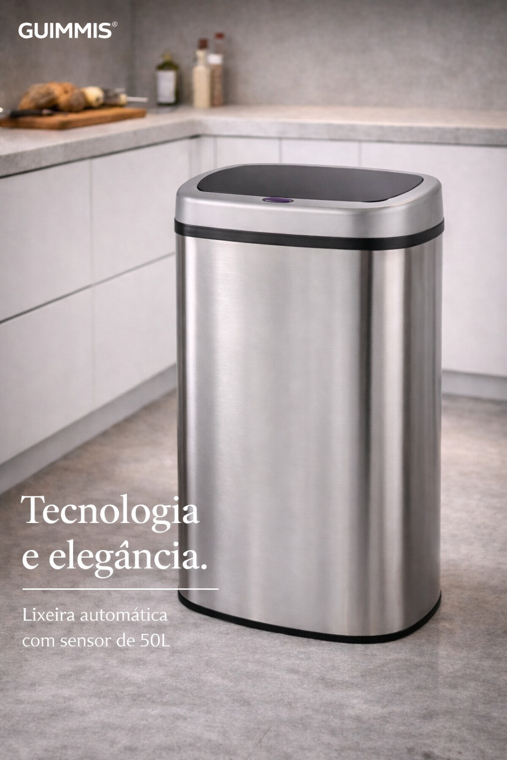 Lixeira automatica em aço inox escovado a pilha capacidade 50 litros - Guimmis - Esmeralda - 20-2003