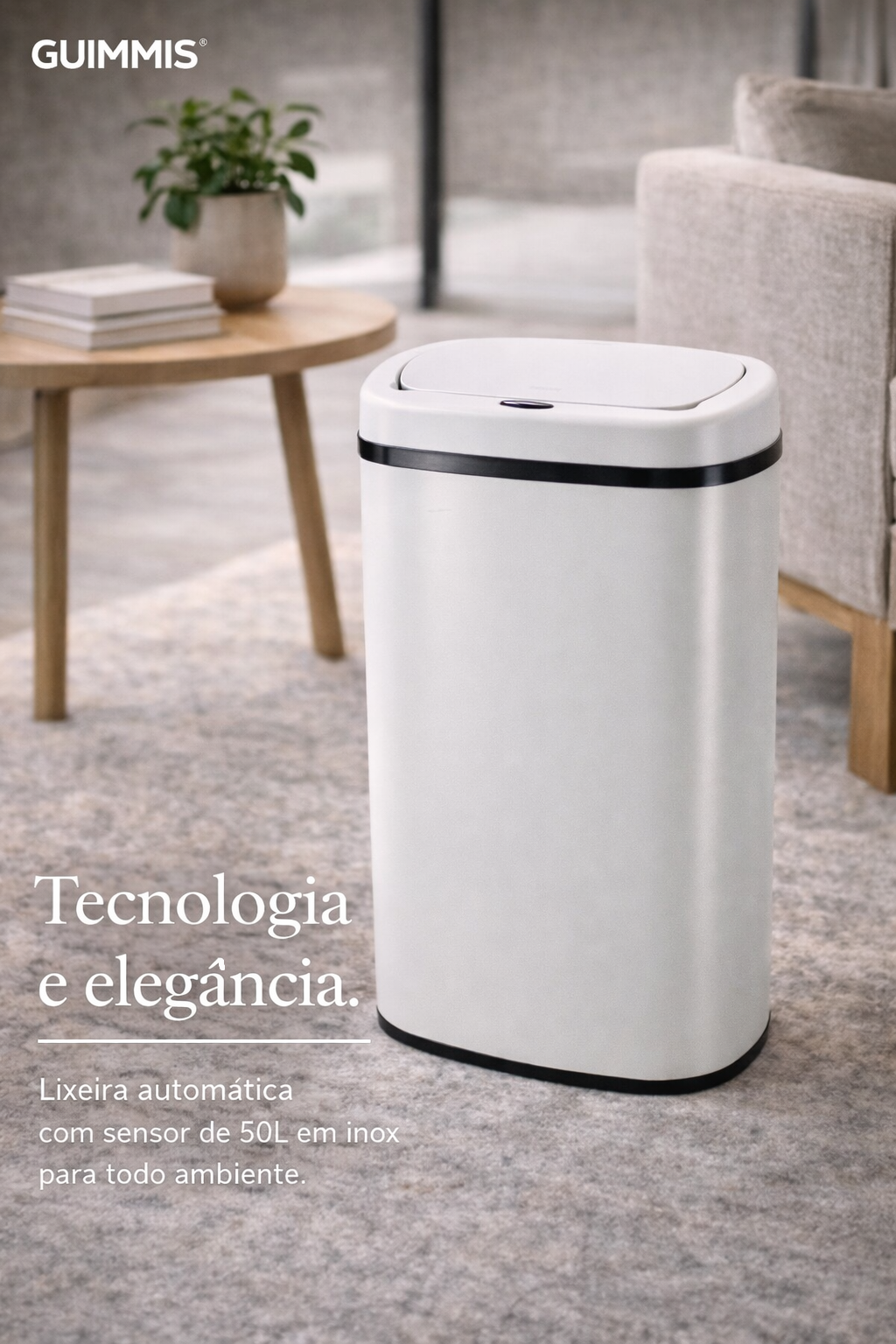 Lixeira automatica em aço inox branco a pilha capacidade 50 litros - Guimmis - Esmeralda - 20-2001