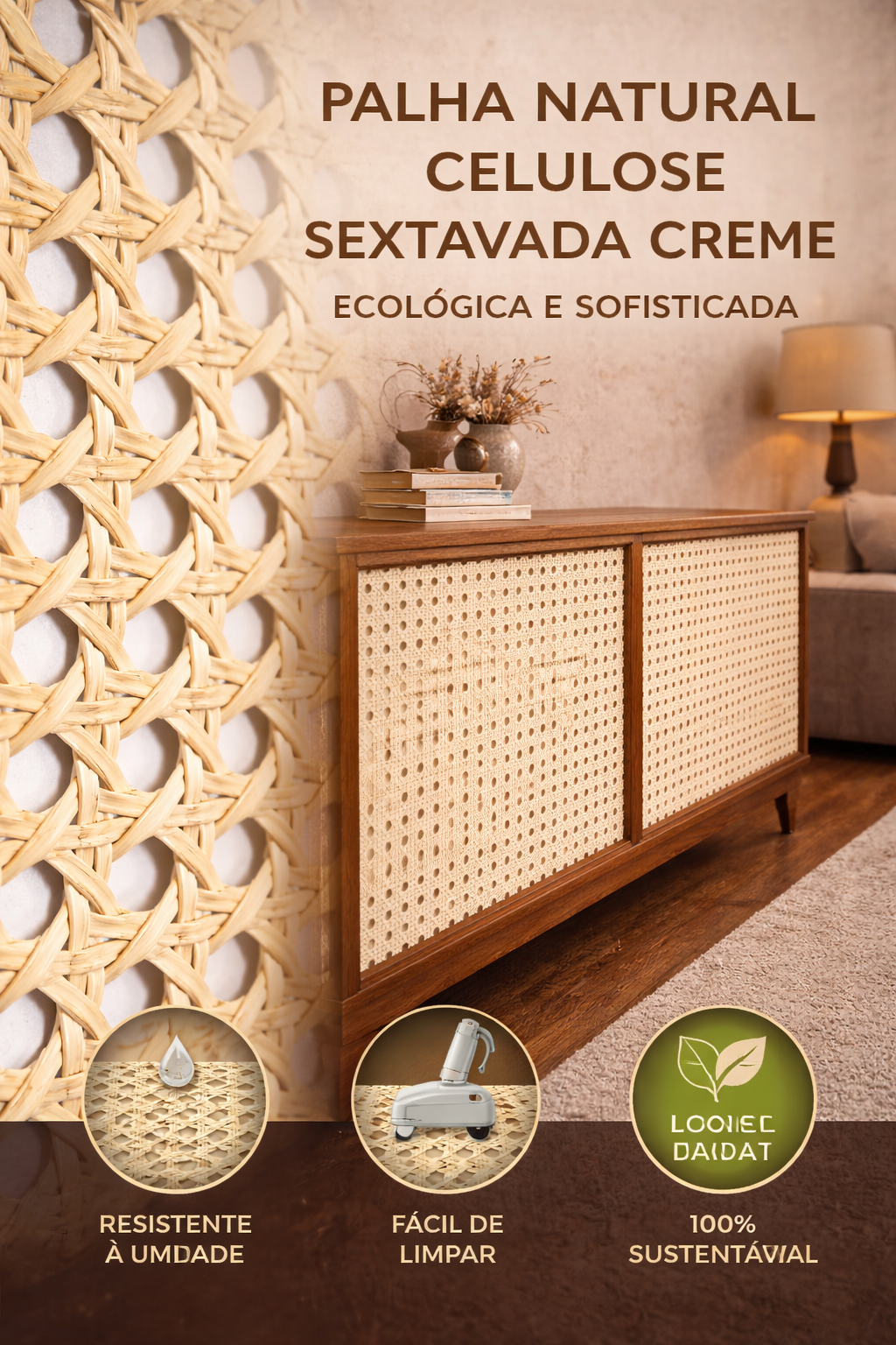 Palha Natural Celulose Sextavada Creme 1 metro