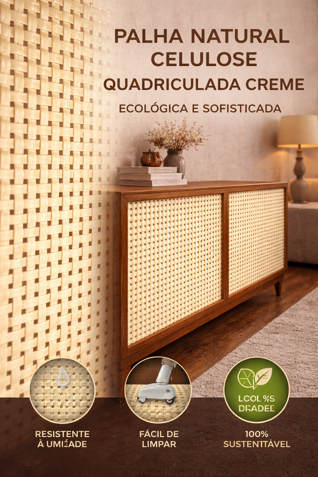 Palha Natural Celulose Quadriculada Creme 1 metro