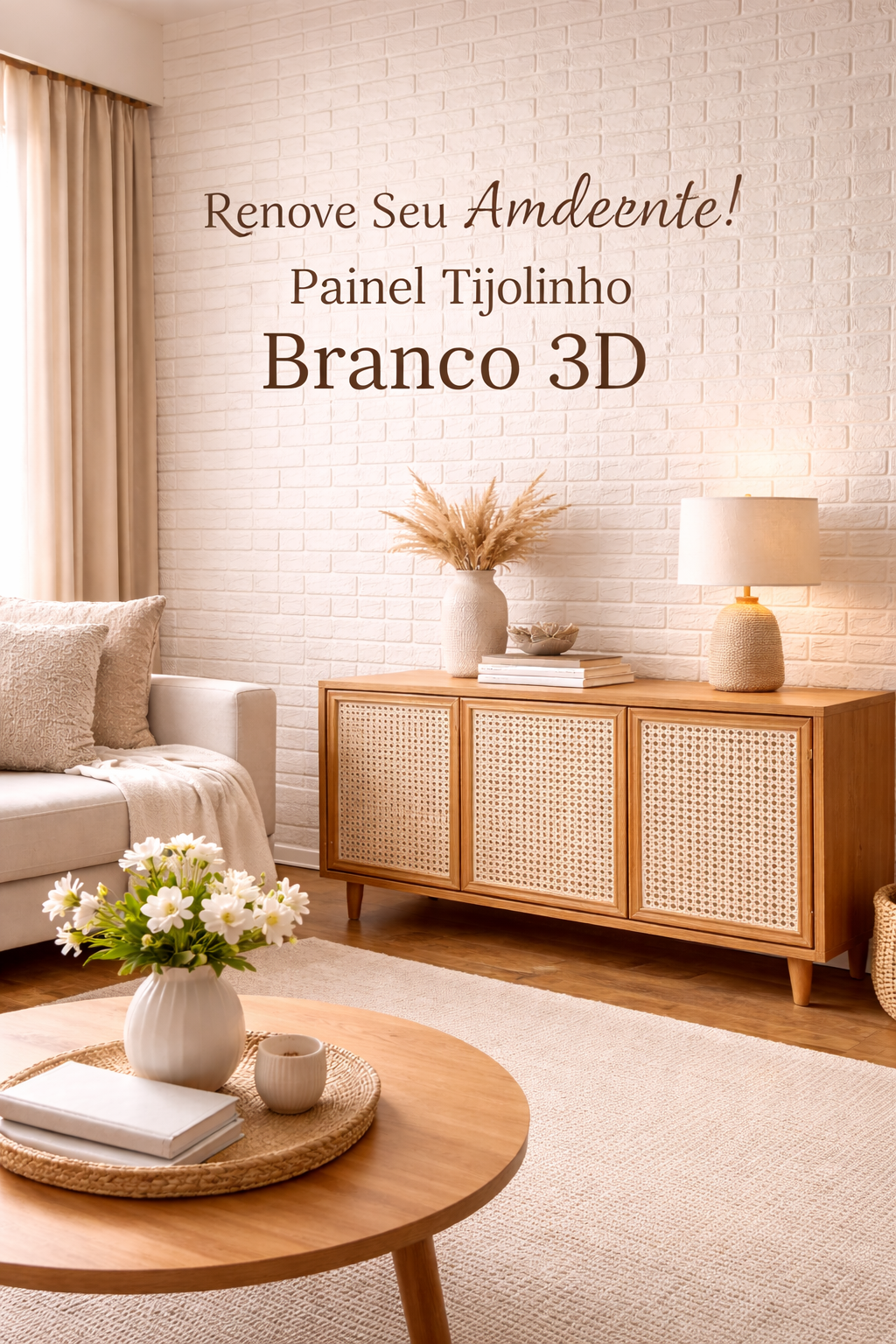 Painel Adesivo Tijolinho Branco 3D (70x77cm)